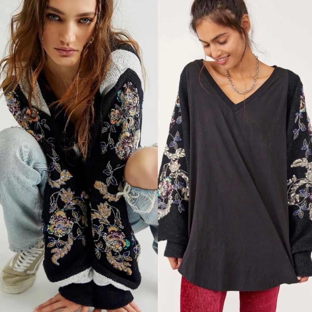 Free People Black Embroidered V-Neck Sweater with Multicolor Floral Sleeves